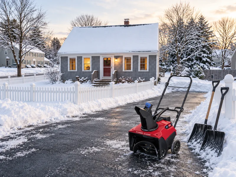 Illustration of snow-blower and shovel service at a Maine home