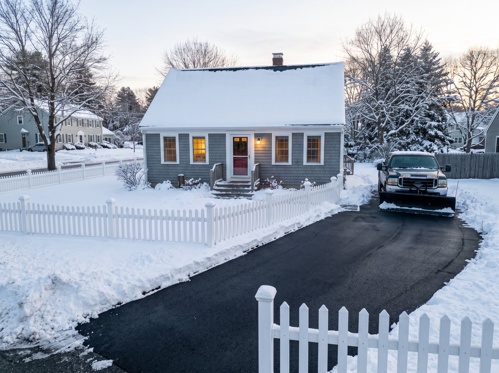 Freshly plowed driveway at a gray New England cape house after a snowstorm, with a plow truck parked in the driveway