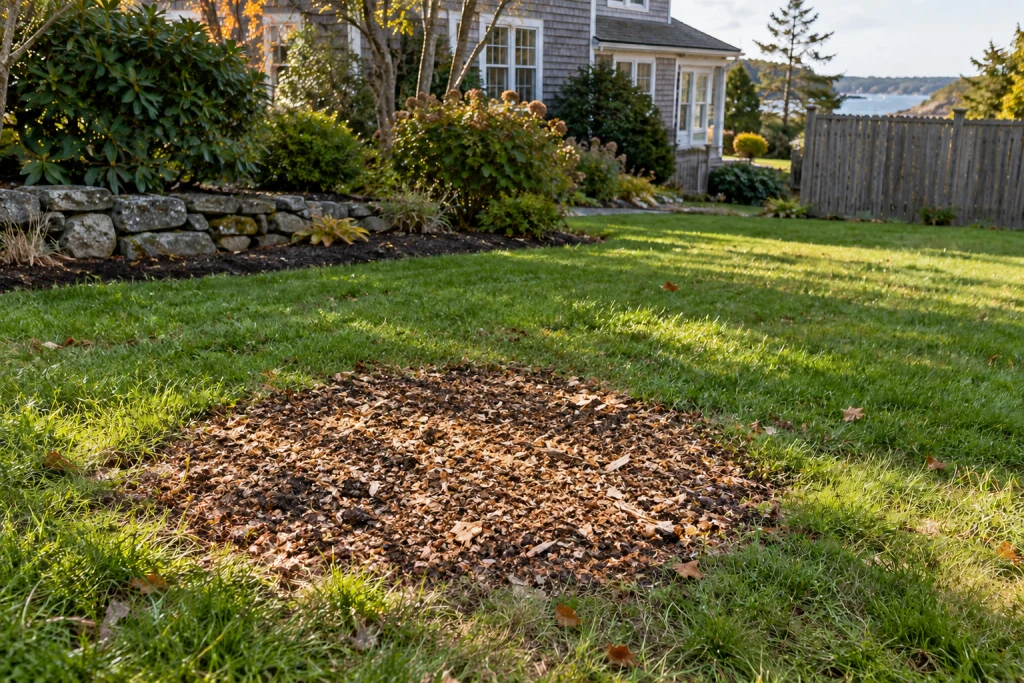 AI-created example of the same yard after grinding, with wood chips remaining where the stump stood