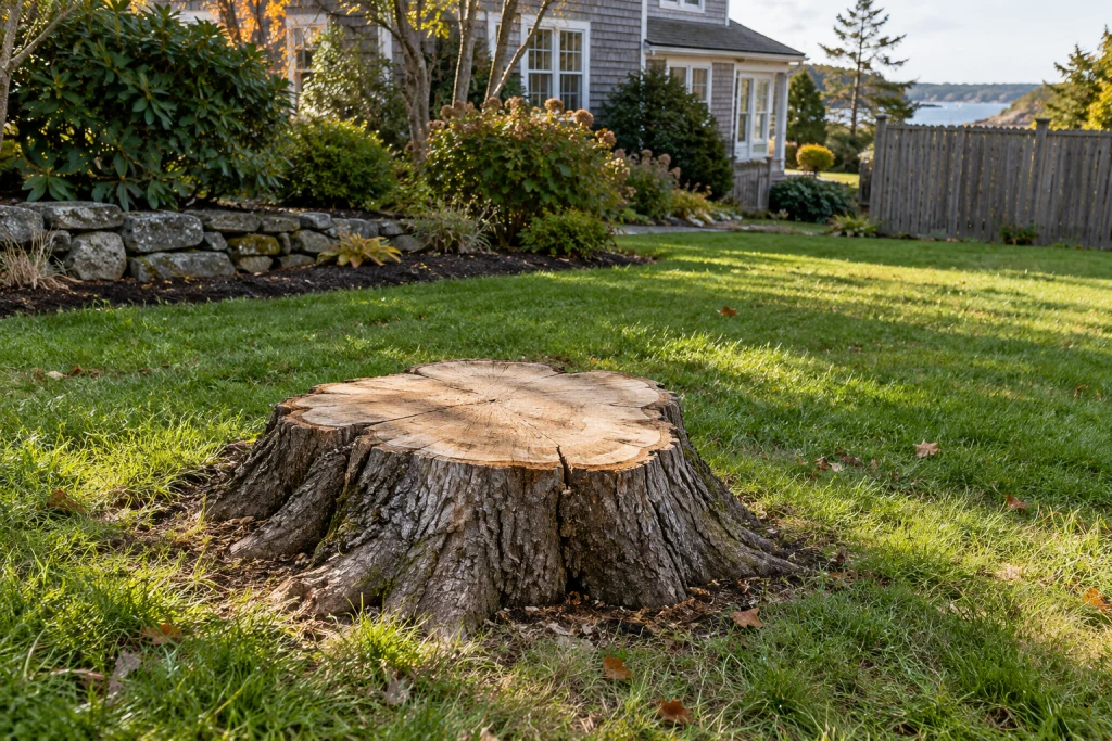 AI-created Maine garden scene with a textured hardwood stump in a lawn beside a cedar-shingle home
